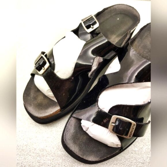 Mephisto Black Patent Strappy Wedge Heel Sandals Sz 9 Shoes - Picture 13 of 16